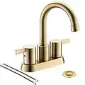 Brushed Gold 4 Inch 2 Handle Centerset Lead-Free Bathroom Faucet, Swivel Spout with Copper Pop Up Drain and 2 Water Supply Lines, BF015-1-BG