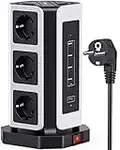 NVEESHOX Regleta Vertical (2500 W/10 A), Regletas Enchufes Vertical 9 Tomas Corrientes y 4 Puertos USB y 18W USB C, Torre Enchufes Vertical Proteccion Sobretension con Interruptores Cable de 2M,Blanco