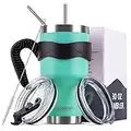 Koodee 30 oz Tumbler Stainless Steel Insulated Coffee Travel Mug with Handle,2 Lids 2 Straws, Pipe Brush,Handle (30 oz, Teal)