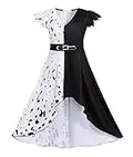 AmzBarley Bambina Costume di Cruella Deville Vestito Ragazza Festa a Tema Abiti Cosplay Carnevale Halloween Regalo Compleanno Dalmata Nero Bianco Vestiti Abito 3-4 Anni 110