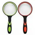 2 Pack 75mm 10X Handheld Magnifying Glass Shatterproof Reading Magnifier for Seniors and Kids, Real Glass Lens with Non-Slip Rubber Handle for Hobbies and Science (Orange+Green)