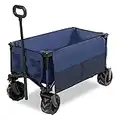 Usinso Folding Wagon Cart, Outdoor Utility Wagon Heavy Duty Foldable Cart with Adjustable Handle & Side Bags Big Wheels for Sand Beach, Garden, Camping, Navy