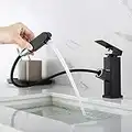 Grifo de Lavabo Extraíble Negro Mate, Grifo de Baño Extraíble de 45 cm con Ángulo Ajustable de 360º. Grifos Monomando Cuadrados para Baños y Cocinas, Apto para Agua Caliente y Fría