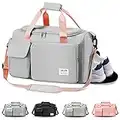 Gym Bag, Sports Bag with Wet Pocket, Portable Overnight Bags for Women, Waterproof Lightweight Weekend Bags for Women, Weekender, Vacation(Grey Pink)