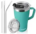 PATMOSEAL 600ml Insulated Travel Mug with Handle Straws & 2 Spillproof Lids, Vacuum Double Wall Stainless Steel Tumbler Cup 20oz for Hot & Cold (Lake Green)