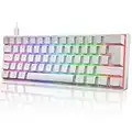 60% Mechanical Gaming Keyboard Mini Portable with Rainbow RGB Backlit Full Anti-Ghosting 61 Key Ergonomic Metal Plate Wired Type-C USB Waterproof for Typist Laptop PC Mac Gamer (White/Blue Switch)