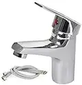 Bathroom Basin Taps Mixer, Waterfall Bathroom Monobloc Basin Sink Mixer Tap, Modern Silver Sink Mixer Tap, Single Lever Solid Brass Hot Cold Mixer Basin Faucet, Bathroom Sink Tap with 2 Hoses, Chrome