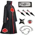 Amycute Costume Akatsuki Itachi Cape Cosplay Deguisement Akatsuki Uchiha Itachi Bandeau Bague Collier Ninja Accessoires Anime Carnaval Halloween Noël pour Adulte Enfant (S)