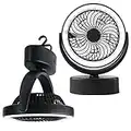 Villageboom Ventilateur de camping 2 en 1 avec lumière LED - Batterie rechargeable - Ventilateur de refroidissement USB avec crochet de suspension