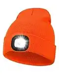 Gifts for Men, Unisex LED Beanie Hat with Light, 4 LED USB Rechargeable Hands Free Headlamp Winter Warm Knitted Cap, Flashlight Head Lights Hat Women Men Gifts for Camping Fishing Hiking (Orange)