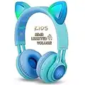 Riwbox Kids Headphones, CT-7S Cat Ear Bluetooth Headphones Volume Limiting 85dB,LED Light Up Kids Wireless Headphones Over Ear with Microphone for iPhone/iPad/Laptop/PC/TV (Blue&Green)