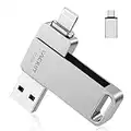 Apple MFi Certified iPhone Photo Stick, 3 in 1 USB 3.0 Flash Drive for iPhone, iPhone Thumb Drive, iPhone Photo Storage Memory Stick External Storage Compatible for iPhone/PC/iPad/More Device Silver