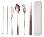 AARAINBOW 6 Pieces 18/8 Stainless Steel Flatware Set Portable Reusable Cutlery Set Travel Utensils Set Including Chopsticks Knife Fork Spoon Straws Cleaning Brush Dishwasher Safe (Rose Gold)