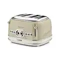 Ariete Vintage 4 Slices Toaster 156, Grille-Pain avec 6 Niveaux de Grillage, Éjection Automatique, Fonction Décongélation, Tiroir Ramasse-Miettes Amovible, Corps en Acier Inoxydable, 1600W, Beige