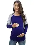 KOJOOIN Women Maternity Long Sleeve T-Shirt Nursing T-Shirt Breastfeeding T-Shirt Pregnancy T-Shirt Maternity Striped T-Shirt Materntiy Tops Navy Blue L