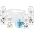 NUK First Choice+ Babyflaschen Starter Set | 0–6 Monate | 4 Flaschen mit Temperature Control Anzeige & Flaschenbox | Anti-KoliK-Ventil | BPA-frei | Disney Winnie Puuh | 5 Stück