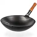 YOSUKATA Wok en acier au carbone – Woks et sautés de 35,6 cm – Wok chinois avec fond rond – Wok japonais chinois traditionnel – Wok en acier noir