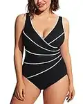 DELIMIRA Women's Slimming One Piece Piped Swimsuit Bathing Suit Black 16 Plus