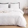 WARMDERN Tufted Duvet Cover Set Queen Size, White Boho Bedding Duvet Cover Set Geometric Textured, Soft Washed Microfiber Duvet Cover with Zipper Closure(White, Queen, 90x90 inches)