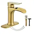 Brushed Gold Bathroom Faucet,Yundoom Waterfall Bathroom Faucet Brushed Gold,Pop Up Drain Bathroom Sink Faucet,Single Handle Bathroom Faucets,Faucet for Bathroom Sink,Vanity Farmhouse Bathroom Faucet
