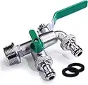 WATERGO Grifo Premium de doble salida 1/2 pulgada verde/Grifo doble de latón con 2 salidas de 3/4 de pulgada + e-Book/Grifo de exterior a prueba de óxido y heladas para el jardín