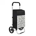 SONGMICS Chariot de Courses, Caddie, Poussette de marché, capacité 40L, avec rangements, Roues silencieuses, Crochet, 47 x 33 x 97 cm, Motif Pied-de-Poule, Noir KST06BF