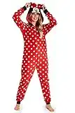 Disney Minnie Mouse Jumpsuit Damen, Einteiler Onesie für Frauen und Jugendlichen, Fleece Overall Fasching und Halloween Kostüm mit 3D Kapuze, Damen Geschenke (Rot, L)