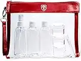 TRAVANDO Trousse de Toilette Transparente + 7 Bouteilles, Pots, Contenants pour Liquides - Kit de Voyage 1l pour l’Avion - Set de Voyage dans Bagages à Main - Sac Cosmétiques pour Hommes et Femmes