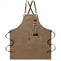 Canvas Work Aprons for Men with Pockets,Adjustable Strap and Large Pockets Apron,Kitchen Cooking Baking Chef Apron (Brown)