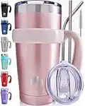 ALBOR Coffee Travel Mug with Handle 20oz/600ml - Stainless Steel Travel Coffee Mug - Insulated Tumbler with Straw and Lid - Tasse a Cafe Isotherme - Insulated Coffee Mug Travel - Rose Gold