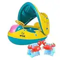 WTOR 3Pcs Swimming Ring Baby Water Floats with Kid Inflatable Canopy Sunshade and Inflatable Swimming Arm Bands Swimming Pool Toys Summer Toys Swimming Pool Boat (Green+Yellow)