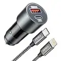 Cargador de Coche USB con 2M Cable Tipo C a Lightning de, Carga rápida de 43W, Adaptador de Carga LED de Puerto Dual PD y QC 3.0 de 25W para iPhone 13/12 Mini/11 Pro MAX/XS Max/XS/XR/X/SE2/8 Plus