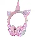 KORABA Kids Wireless Headphones for Girls Children Teens, LED Light Up Bluetooth Unicorn Headphones with Microphone for School/Xmas/Online Study/Unicorn Gifts (Pink Wireless)