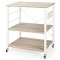 TANGZON 3-Tier Kitchen Baker's Rack on Lockable Wheels, Steel Frame Microwave Oven Shelf with 2 Adjustable Shelves & 10 S-Hooks, Rolling Serving Trolley for Living Room Office Restaurant (Natural)