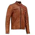 Leatherick Mens Distressed Tan Marron Cuir Véritable Café Racer Veste De Motard Style Rétro Veste Vintage (M)