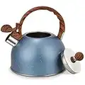 Stainless Steel Whistling Kettle, Kitchen Stovetop Retro Teapot, Lightweight Camping Kettle, Water Kettle with Wood Handle,Tea Kettle for Gas Hob,Removeable Lid and Non-Drip Pouring Spout,2.5L,Blue