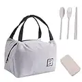 Bolsa de almuerzo portátil de 1 pieza con juego de 3 piezas con cubiertos en caja, bolsa almuerzo aislada, cuchara, palillos, tenedor, bolsa de almuerzo, bolsa térmica la escuela, el trabajo (gris)