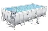 Bestway Power Steel Frame Pool - Juego Completo de Piscina Cuadrada, con Bomba de Filtro de Cartucho, Escalera, Lona de Suelo y Cubierta, 549 x 274 x 122 cm, Color Gris