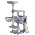 Hey-brother Árbol para Gatos con comedero, Torre para Gatos de Interior, Poste rascador Grande con Hamaca, Cueva para Gatos XXL, Gris Claro EMPJ010W