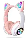 LAIBUY Kids Headphones, Cat Ear LED Light Up Foldable Bluetooth Headphone for Kids,2 in 1 Wired/Wireless Mode HD Stereo Sound for PC/Phone/iPad/Study/Travel