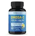 Omega 3 Fish Oil Capsules 3600mg | 180 Liquid Softgel Pills | Concentrated EPA & DHA Supplement | More Omega-3 with XL Servings | 1296mg EPA, 864mg DHA | Burpless, No Fishy Aftertaste, Lemon Flavor