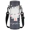 ToLuLu Sac de transport isotherme en néoprène 1000 ml avec bandoulière réglable, pour bouteilles en acier inoxydable, verre et plastique, boissons énergétiques sportives, chat mignon