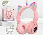 Fespop Unicorn Kids Headphones for Girls, LED Cat Ear Unicorn Music Headset Lightweight Wireless Bluetooth Pink Headphone, Kawaii Surround Sound Light Up Headphones (Unicorn)