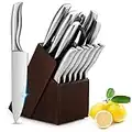 Knife Set, 14 Piece Kitchen Knife Set with Sharpener, Knife Block High Carbon Stainless Steel, Serrated Steak Knives, Bread Knife, Cooking Knife, Sharp, Silver, Boxed