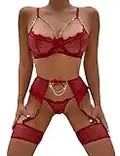 Aranmei Lingerie Set for Women Sexy 4 Piece Lingerie Set with Thigh Cuffs Underwear with Thigh Garter No Stockings Wine Red S