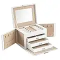 SONGMICS 4-Tier Jewelry Box, Lockable Jewelry Organizer with Handle, 3 Drawers, Travel Jewelry Case with Mirror, Jewelry Storage, Modern Style, Gift for Loved Ones, White UJBC159W01