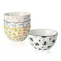 Bol Petit Dejeuner Bols Porcelaine - Bol à Dessert en Ceramique 350ml - Lot de 4 Bols Riz Couleur Motif Fleur - Petits Bols à Soupe | Snack | Glace - Passe au Micro-ondes et Lave-vaisselle - 11,5 cm