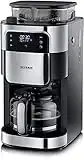 SEVERIN Cafetera con molinillo. Jarra cristal. 1000 W. 1 L. Depósito granos de café: 200 g. Grado de molienda y cantidad de café ajustables. Selector de aroma. Acero inox cepillado. KA 4813