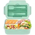 Cooja Bento Lunch Box Adults Kids with 3 Compartments, 1400ML Lunchbox Lunch Containers for Work Leak-Proof Sandwich Box Microwave Safe Built in Cutlery Set Spoon & Fork, Light Green