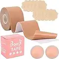 CTDMJ Breast Tape, Cinta Adhesiva Sujetador, Cinta para los Pechos, Cinta Levantamiento Senos con 5 Pares cubrepezones y 1 par Silicona Reutilizable para Vestidos sin Espalda (5m*5cm)